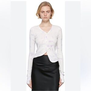 Helmut Lang Cloud Dye Ribbed V-Neck Cardigan Top Pale Petal Gray White Small